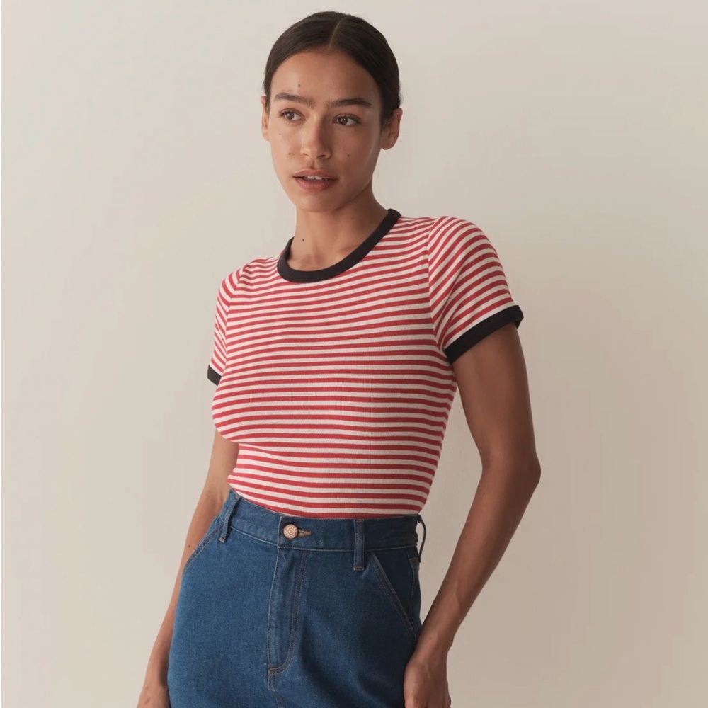 NWT DÔEN Vivi Tee in Rouge Nantucket Stripe, size L